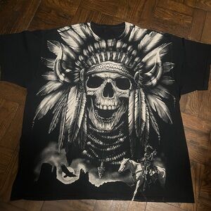 Y2k Indian chief tribal skull black tshirt mens Sz 2XL